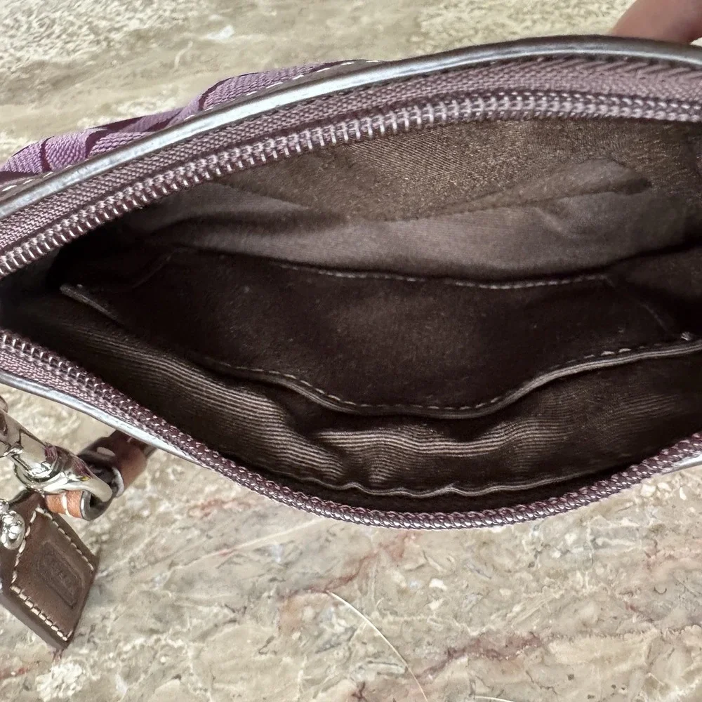 Coach Purple Logo Wristlet Bag with Brown Trim and Wrist Strap